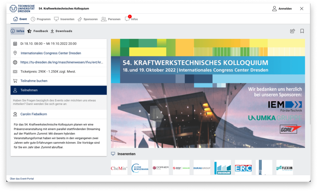 Ansicht des Events KWTK (Kraftwerktechnische Kolloquium)