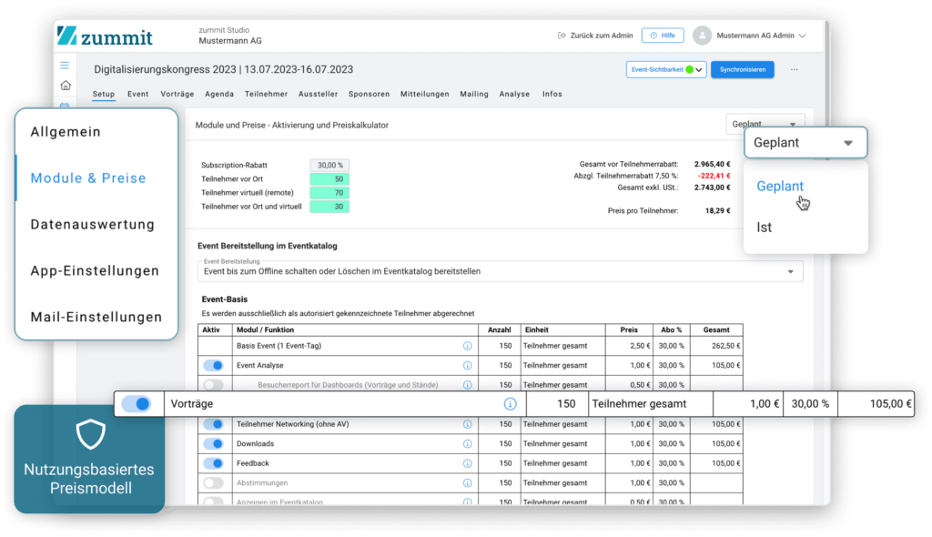 Module & Preise Tabelle im zummit Backend