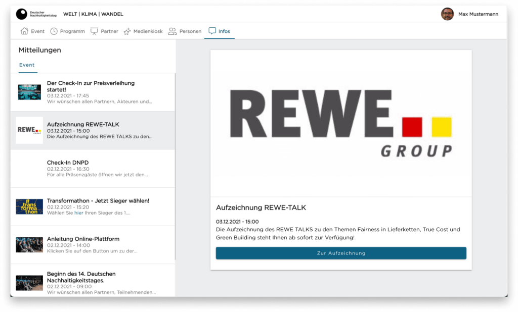 Einblicke Eventplattform Mitteilungsbereich Deutscher Nachhaltigkeitspreis