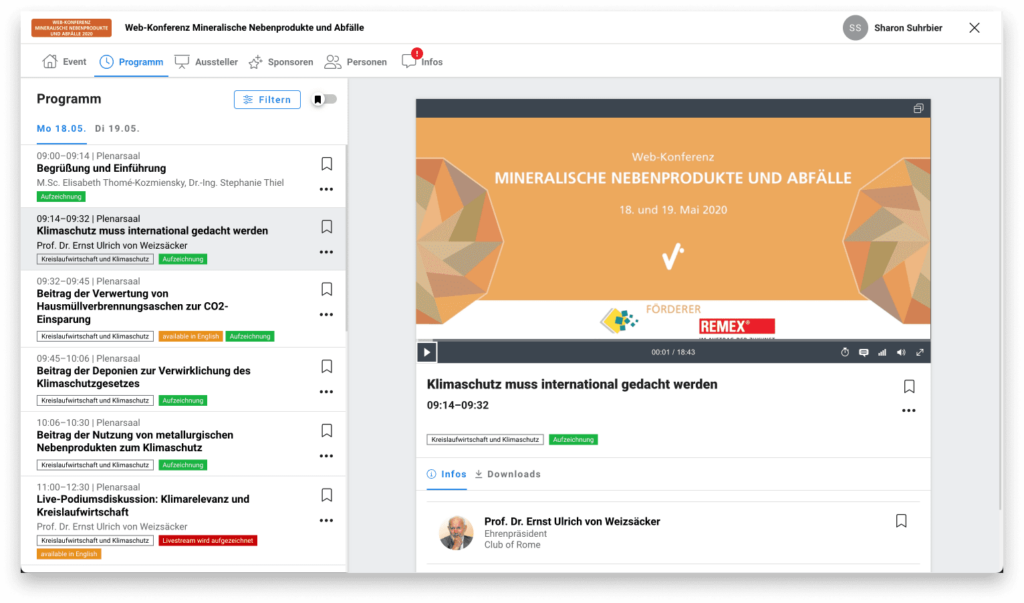Die Event-Plattform im Überblick Ein Screenshot von der Eventplattform zummit. Inhalt des Screenshots ist Text und ein Bild aus einem Video Stream von dem Vivis Verlag Event.